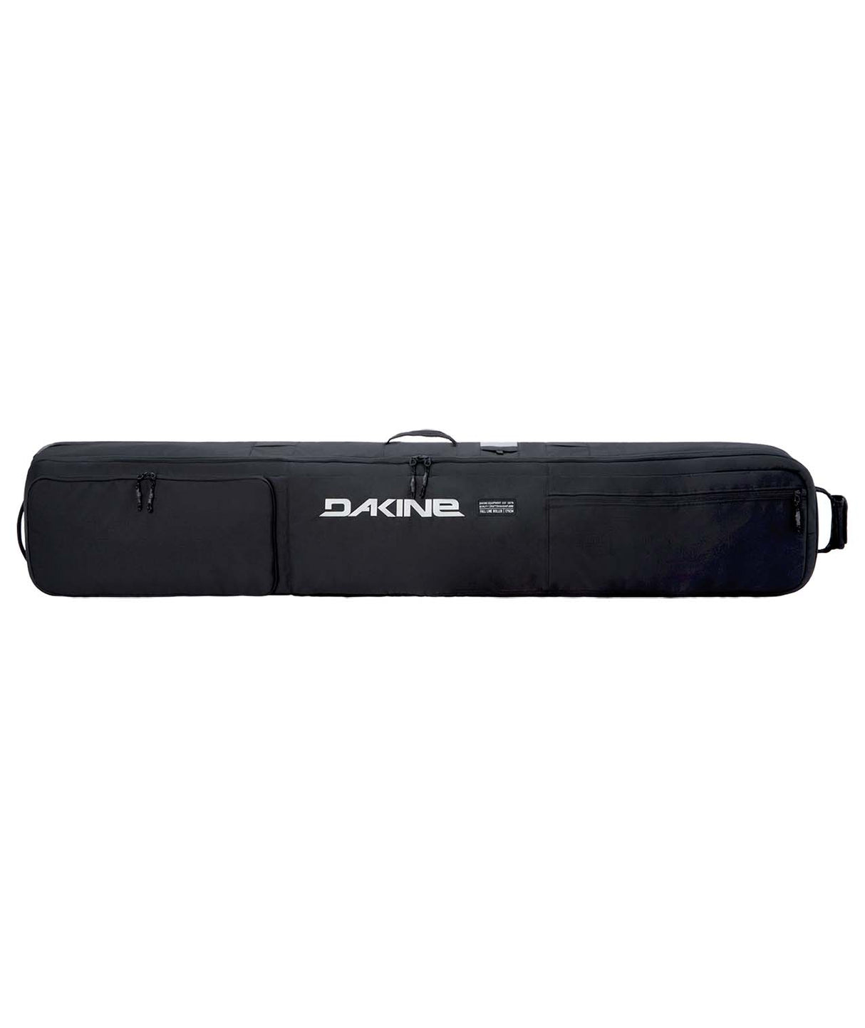 FallLineSkiRollerBag-Black ski bag with Dakine logo on a white background