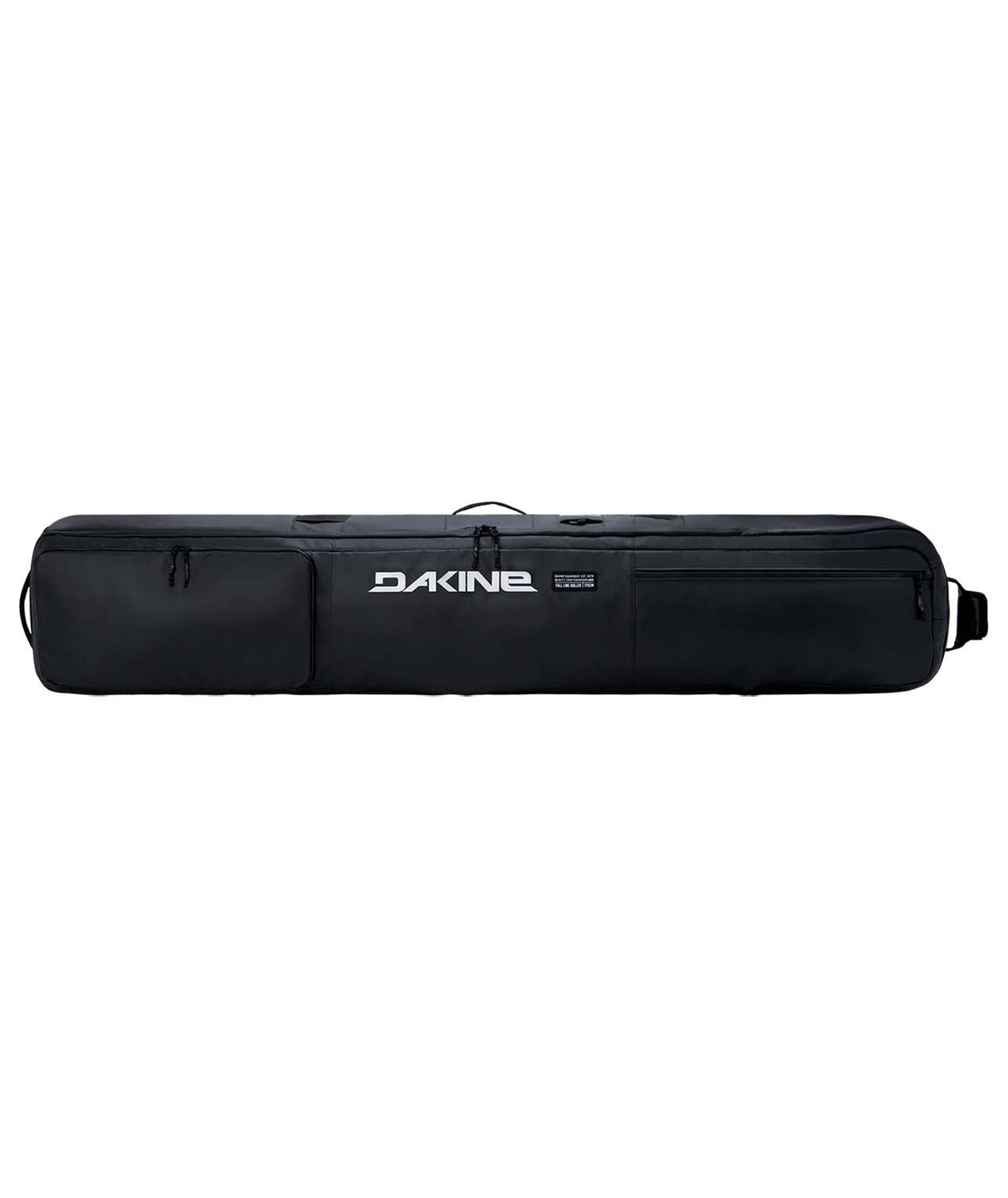 FallLineSkiRollerBag-Black ski bag with Dakine logo on a white background