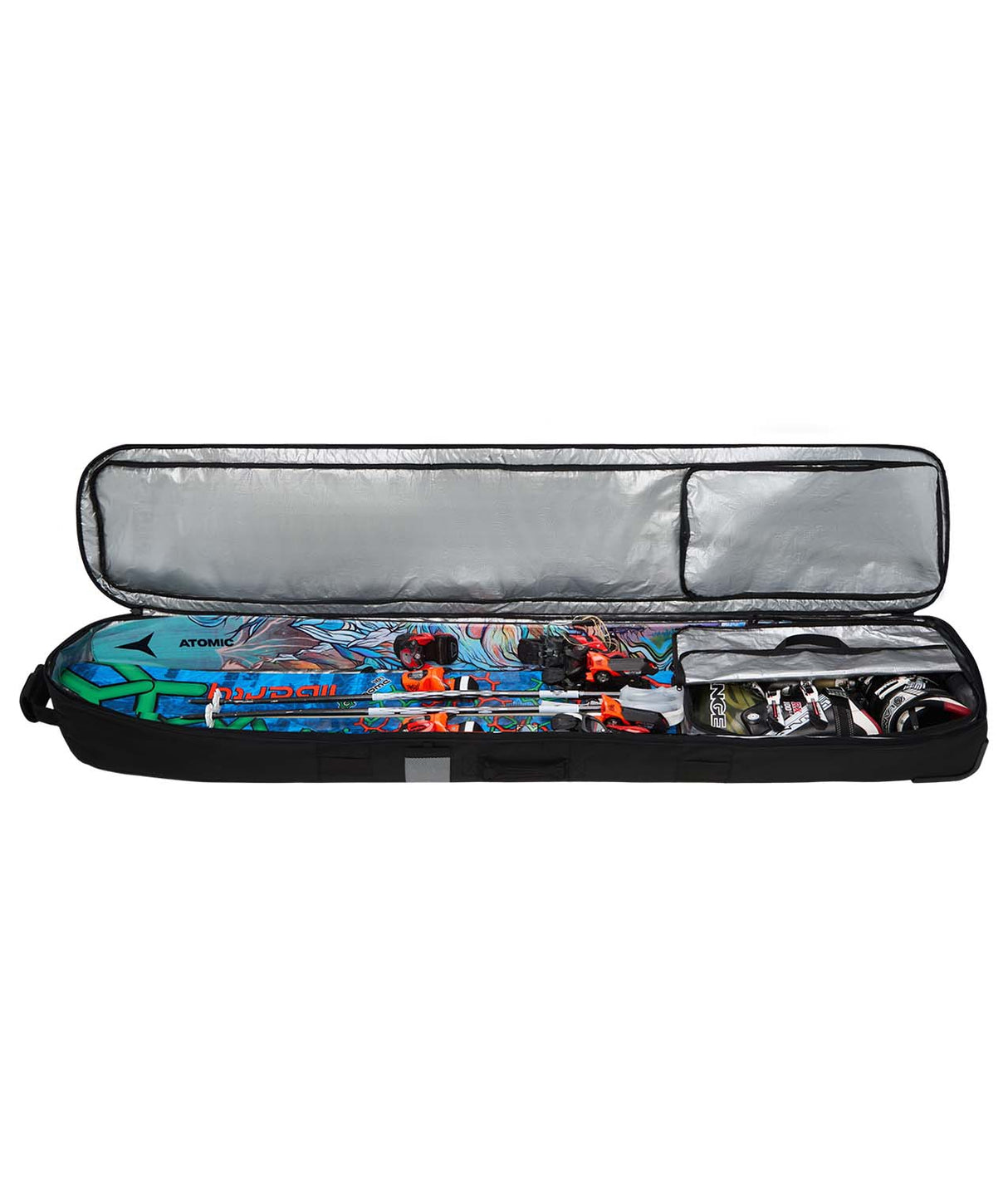 FallLineSkiRollerBag-Black ski bag with Dakine logo on a white background