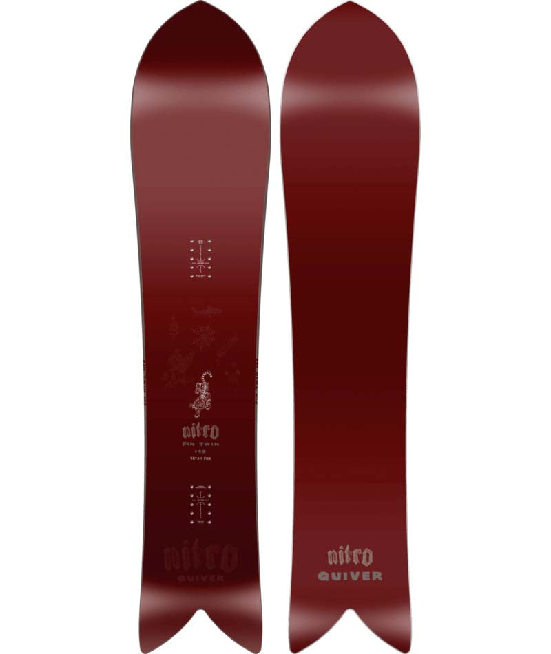 Fintwin-Two views of a red snowboard with 'nitro' branding on a white background