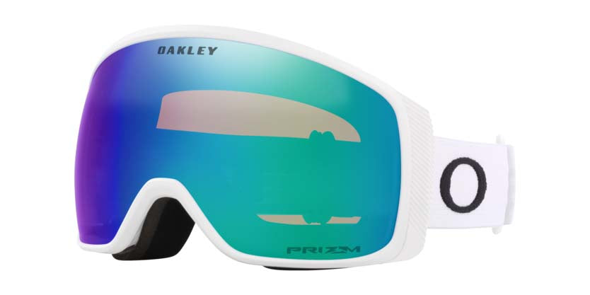 FlightTrackerM-Oakley goggles with a reflective green lens on a white background