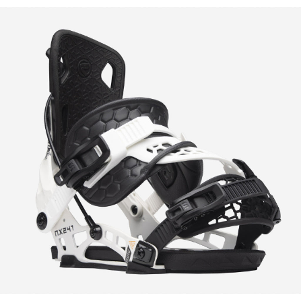 Flow NX2-A black Nidecker Flow Nx2 snowboard binding featuring a two-strap design and aluminum baseplate.