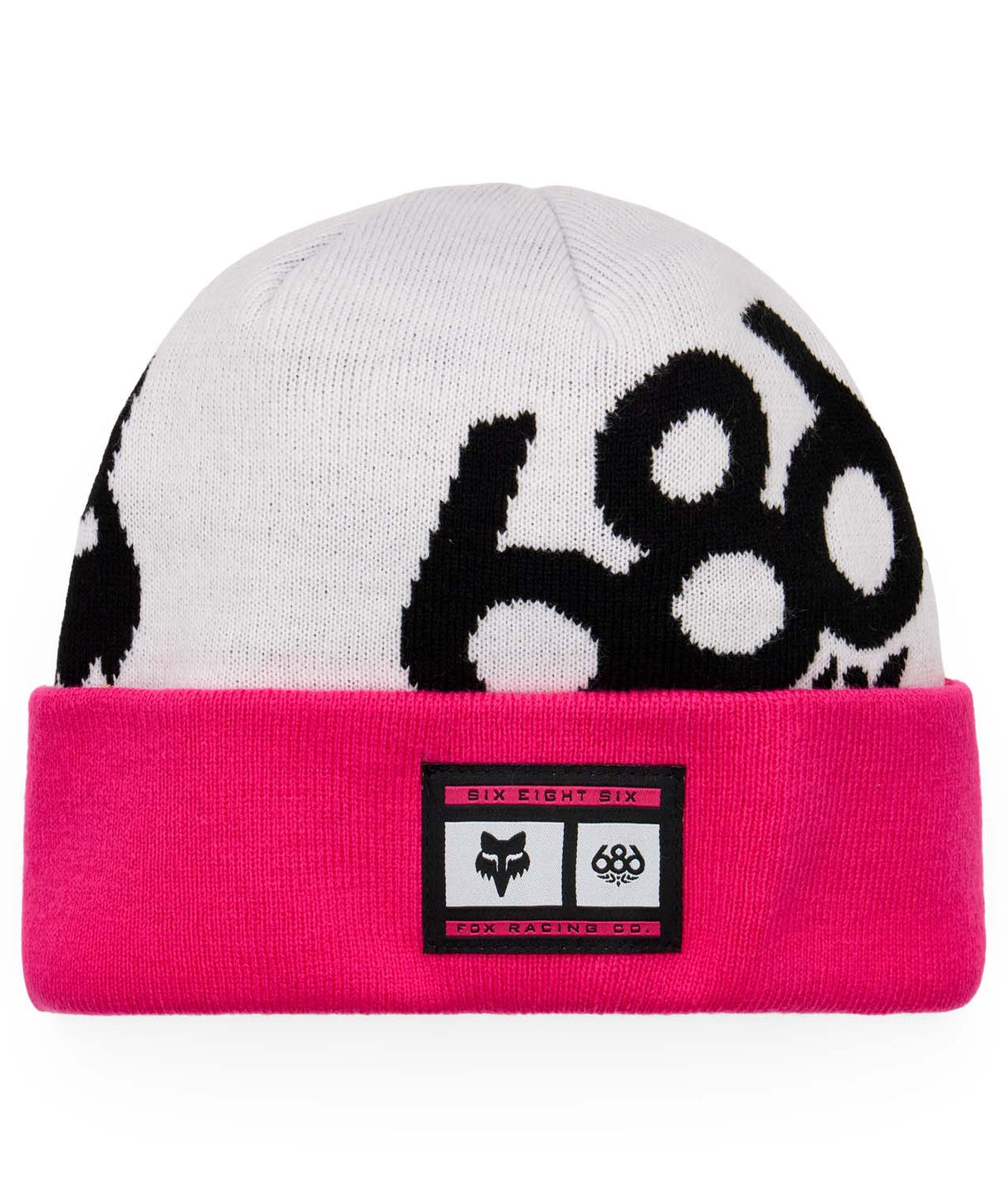 FoxRacingCuffBeanie-White beanie with black and pink accents featuring a logo on a white background