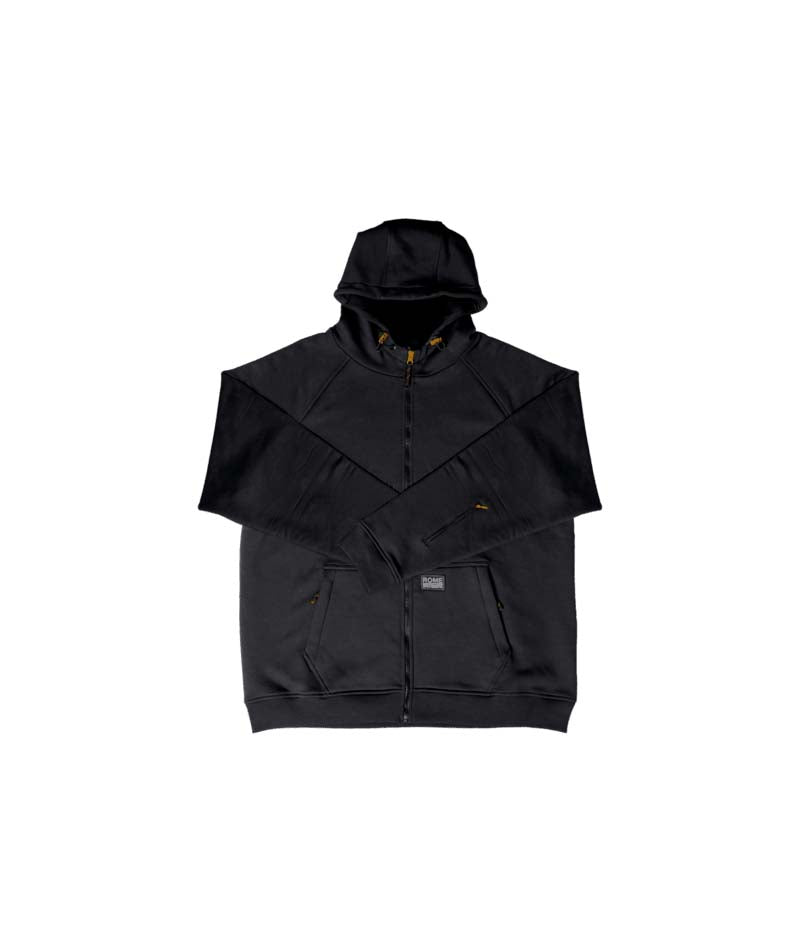 FullZipRidingHoodie- Black full zip hoodie on a white background