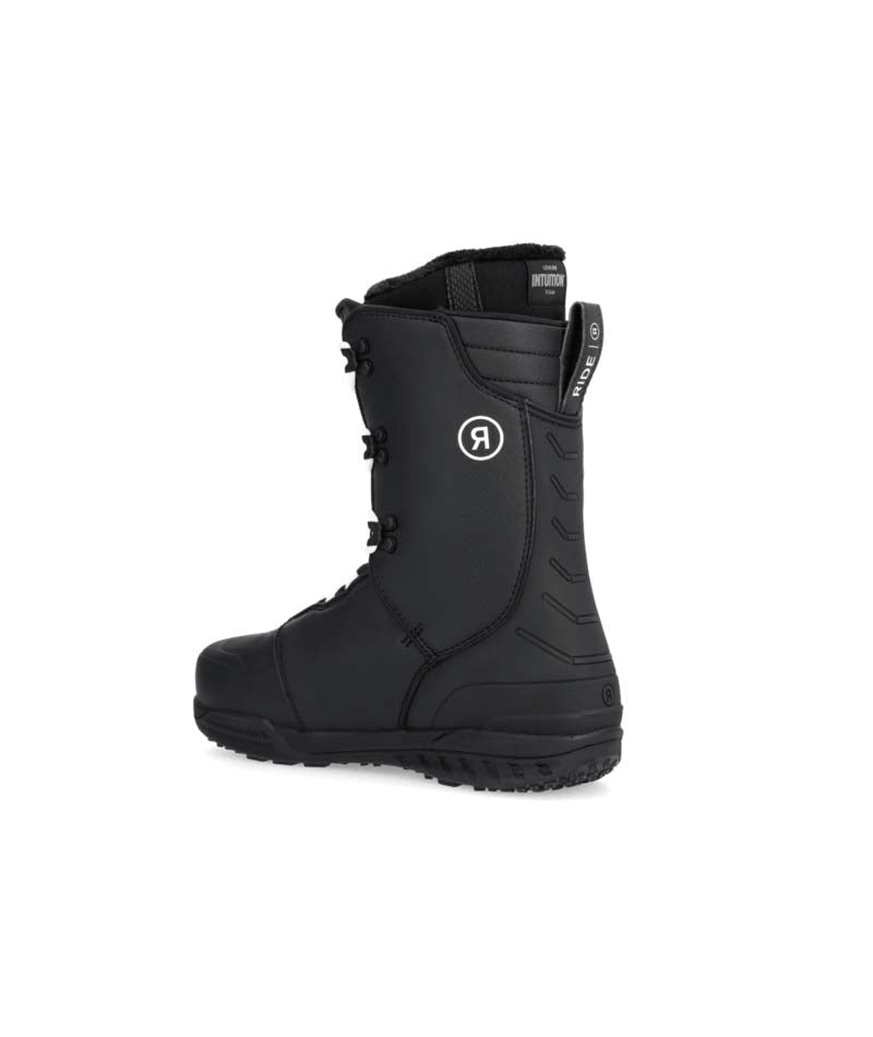 Fuse- Black snowboard boot with white laces and a side BOA on a white background