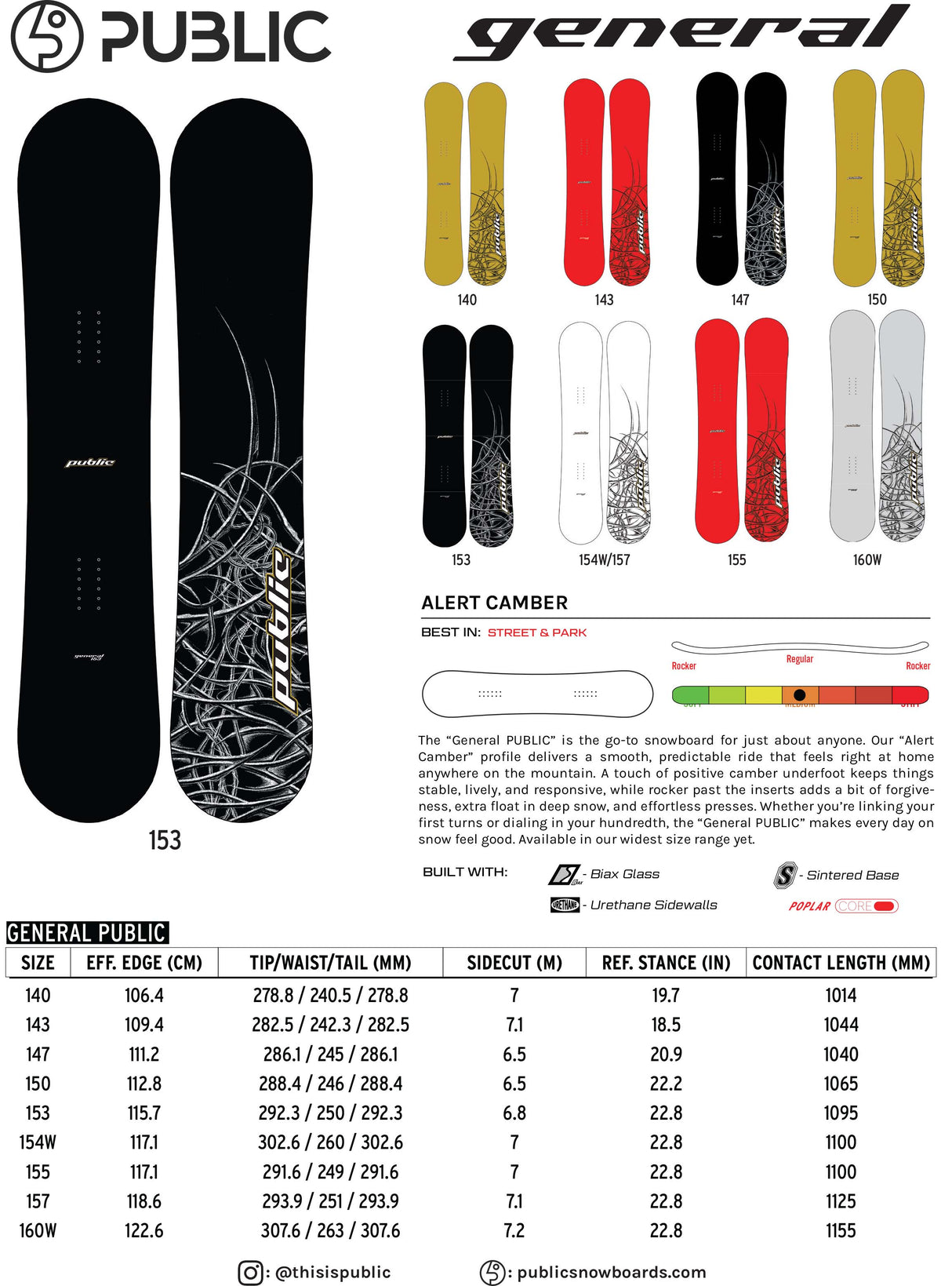GeneralPUBLIC2026-27Sticker- A snowboard color and size chart for the Public General model. The top half shows the snowboard blank in black with white graphics, alongside color options for the base (black, white, red, yellow, gray) and tip/tail options.