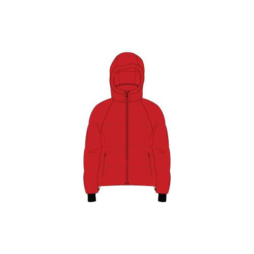 GeorgieJacket-A red hooded puffer jacket shown from the front on a plain white background.