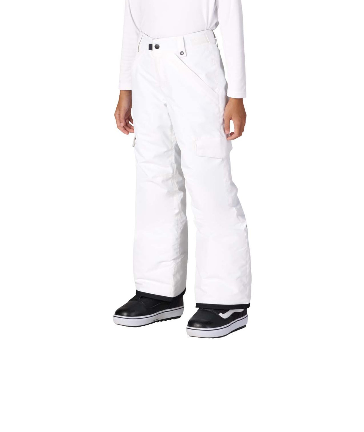 GirlsLolaInsulatedPant-White snow pants worn by a person on a white background