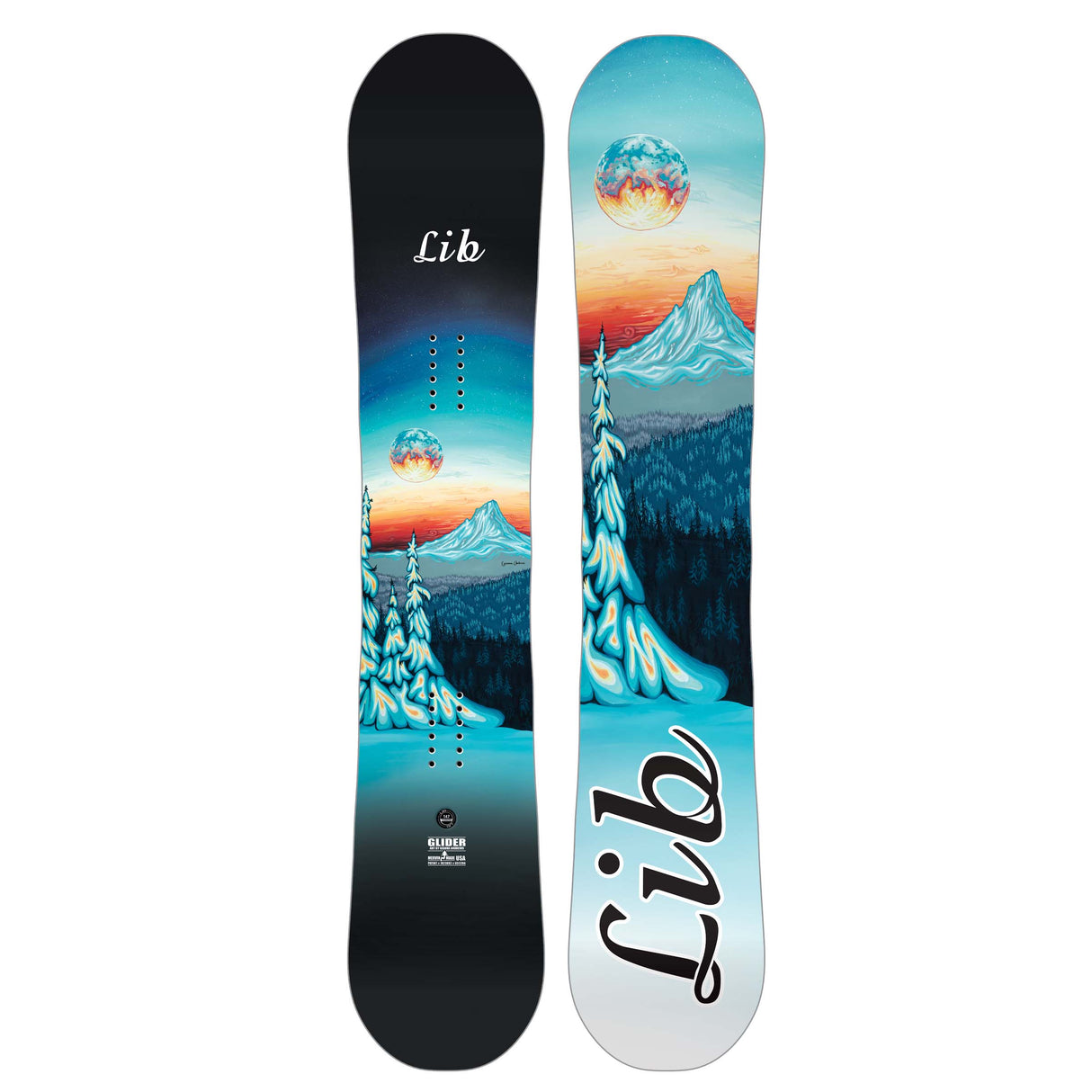 Glider- Two views of a snowboard with a mountain and moon design, featuring the Lib logo.