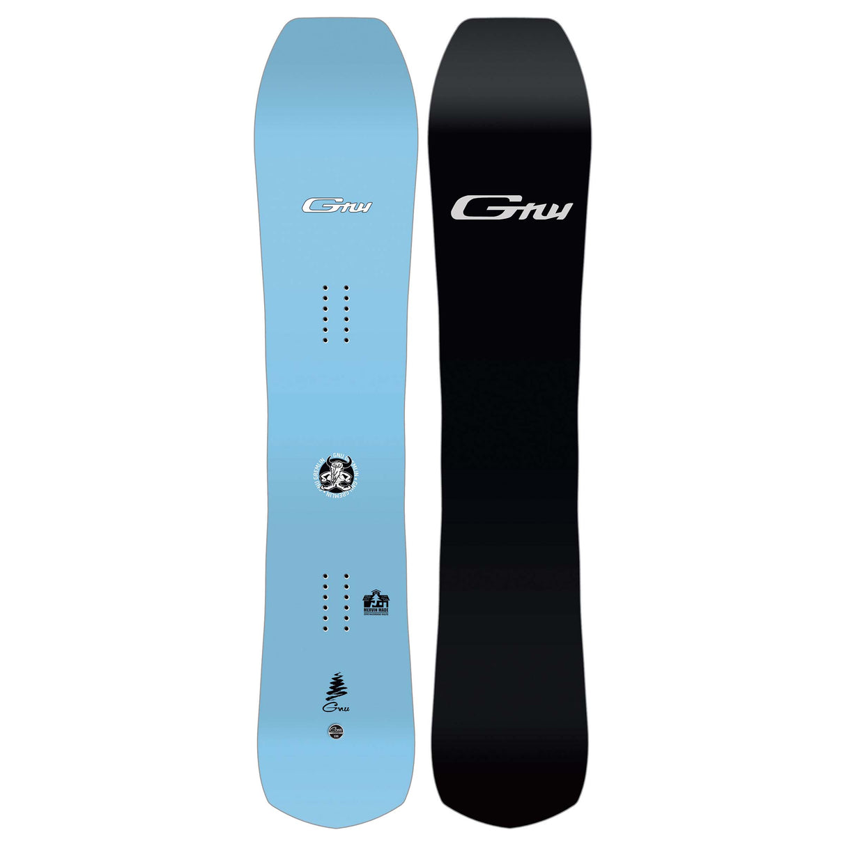 Gremlin- Two views of a snowboard, one blue and one black, with a visible brand logo on a white background.