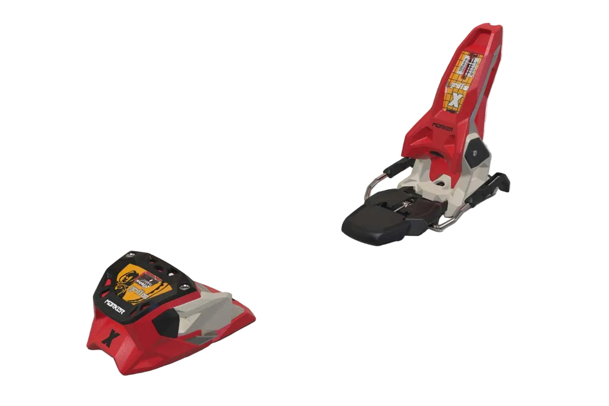 GriffonX13- Red and beige ski bindings on a white background