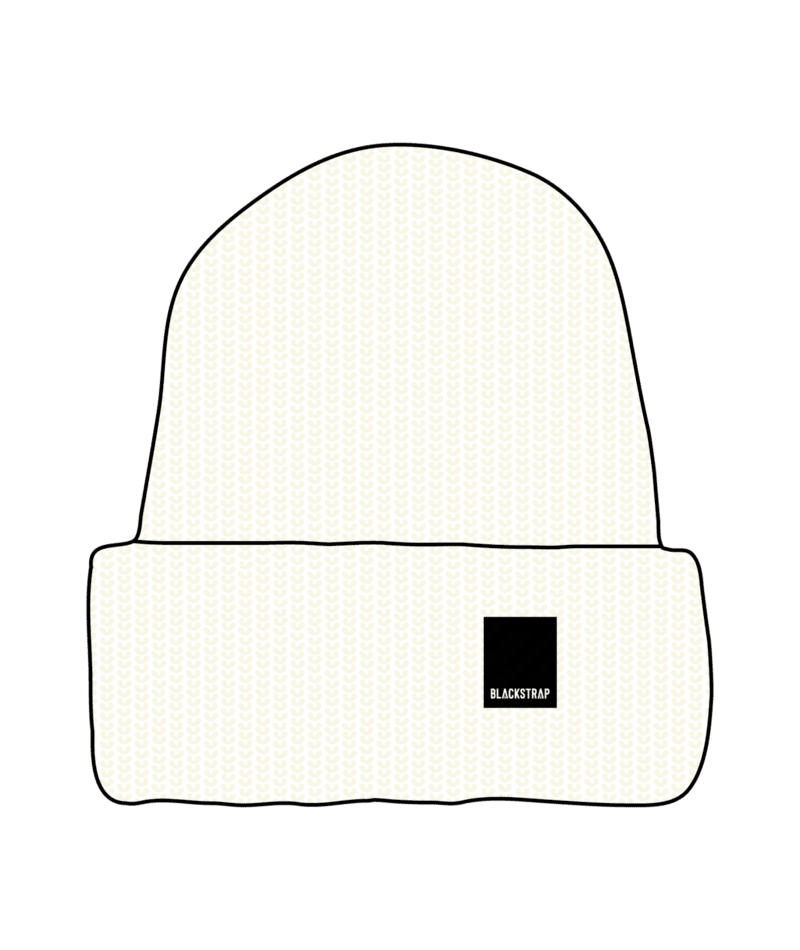ChunkBeanie-A white, chunky ribbed beanie with a BlackStrap brand logo on the cuff.