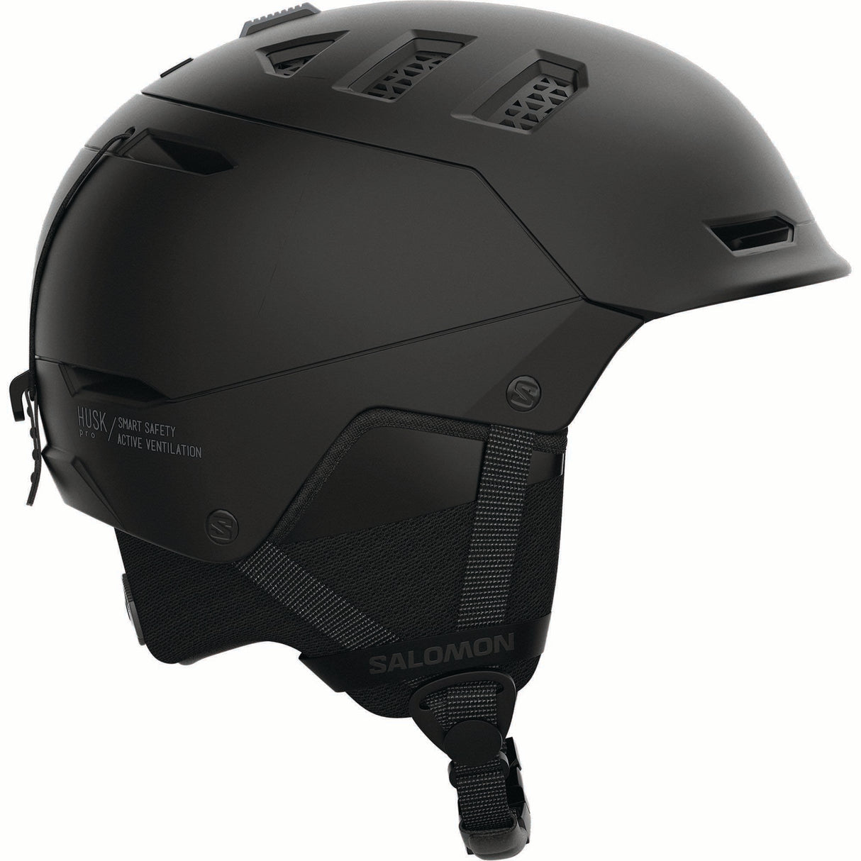 HUSKPROMIPS-Black helmet with black interior and visible brand logo on a white background