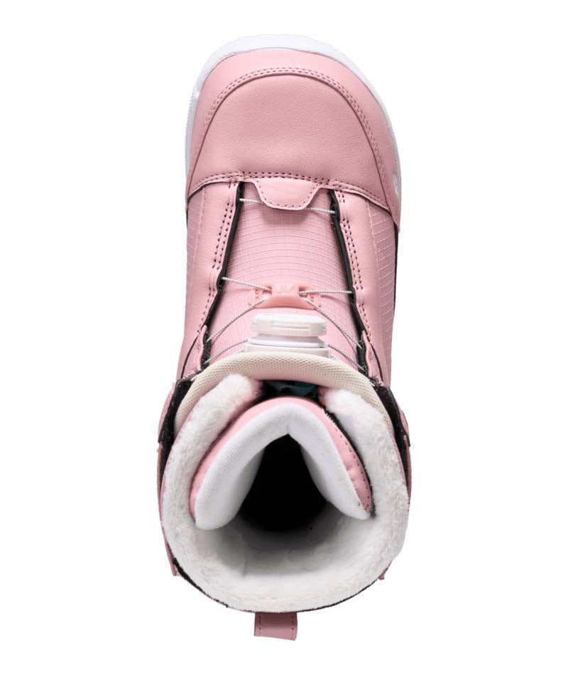 Haven- Pink and white snowboard boot on a white background