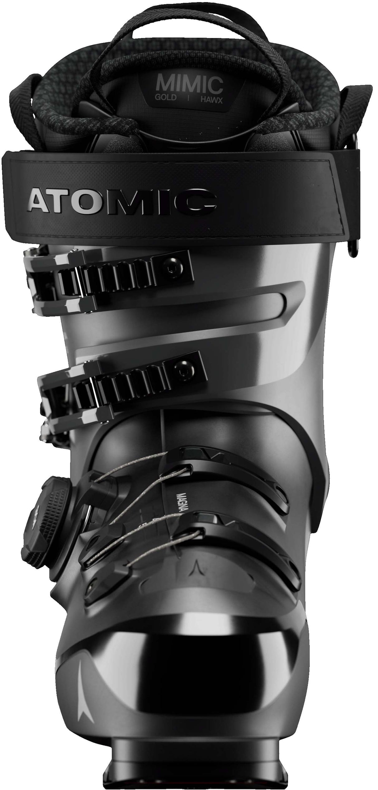 HawxMagna110SBOA-Gray and black ski boot with Atomic branding on a white background