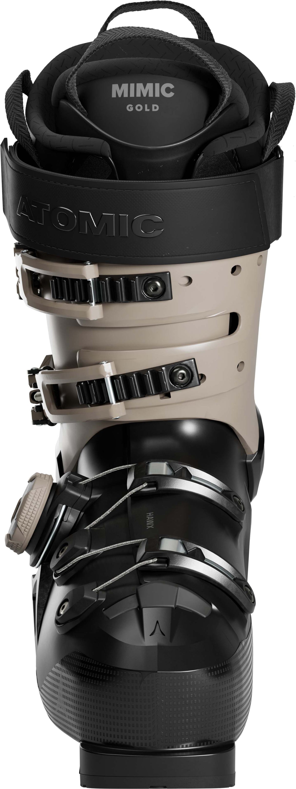 HawxUltra110SBOA- Black and cream Atomic Hawx ski boot on a white background
