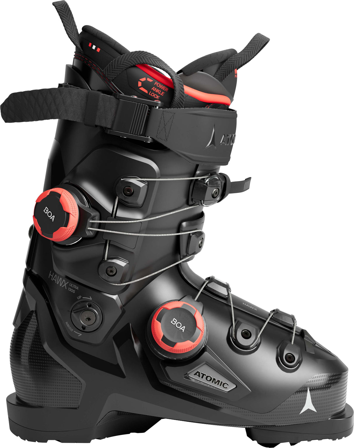 HawxUltra130SDualBOA- Black Atomic Hawx ski boot on a white background