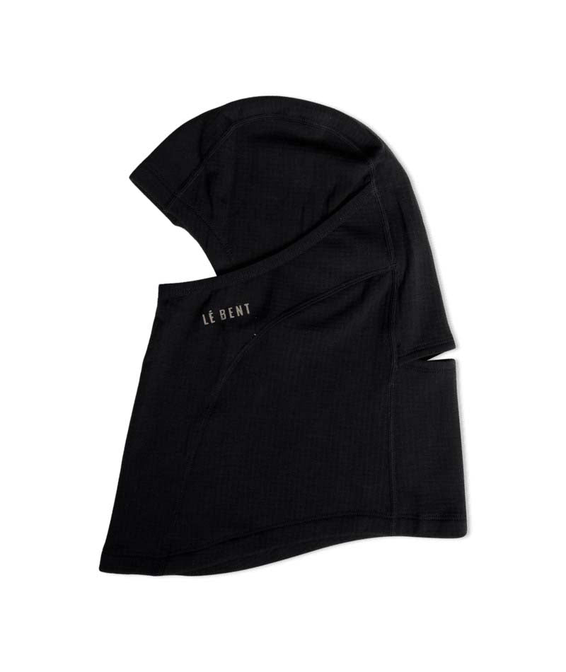 HeavyweightGridFleeceBalaclava-Black balaclava with 'LE BENT' branding on a white background