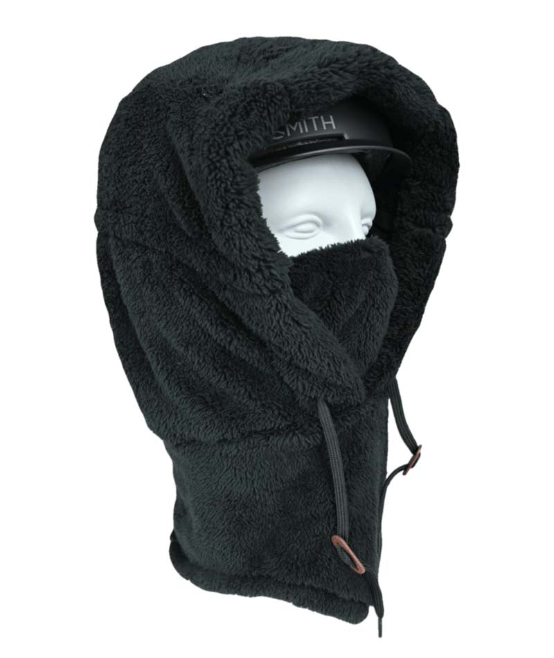 HelmetHoodz- Black sherpa hood that fits over a helmet shown on a white background