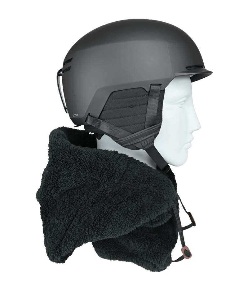 HelmetHoodz- Black sherpa hood that fits over a helmet shown on a white background