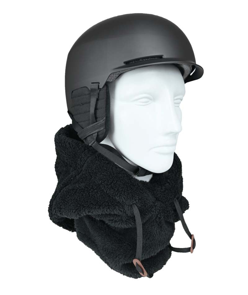 HelmetHoodz- Black sherpa hood that fits over a helmet shown on a white background