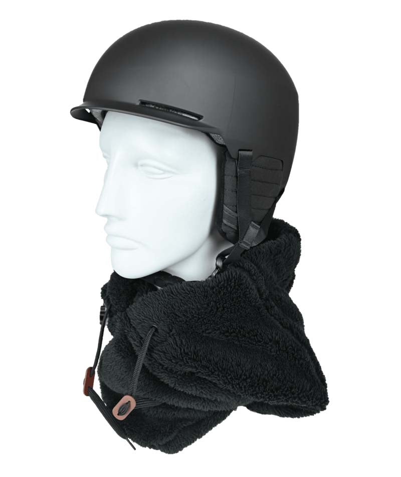 HelmetHoodz- Black sherpa hood that fits over a helmet shown on a white background