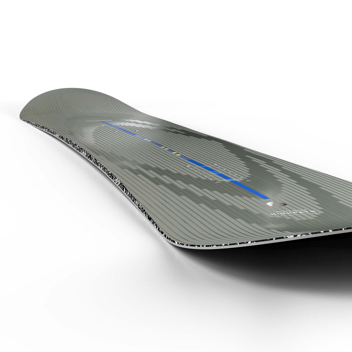 Highpath- Grey, black and dark blue snowboard shown on a white background