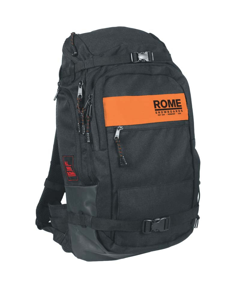 Honcho- Black and orange backpack with branding of 'Rome' on the front on a white background