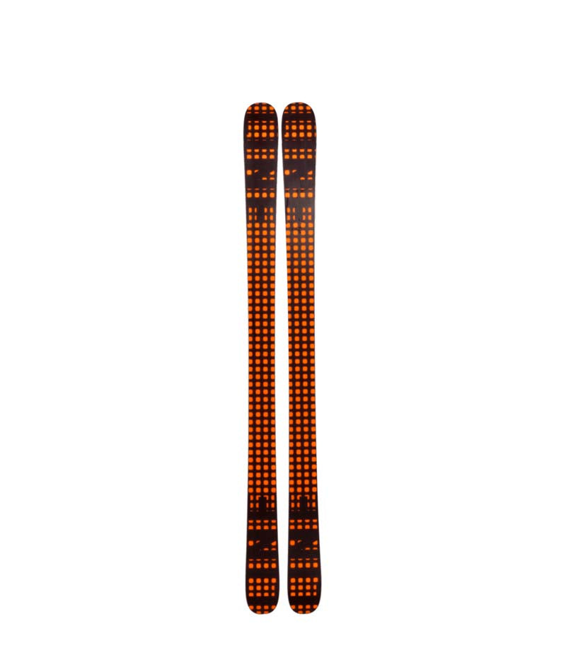 HoneyBadger- Orange and black skis with visible branding on a white background
