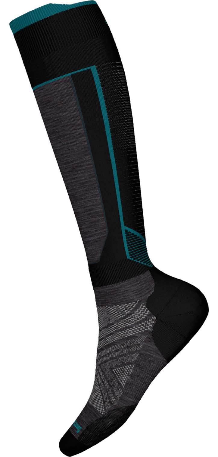 IntraknitWSkiTargetedCushionOTCSocks-Black and gray knee-high sock with teal accents on a white background