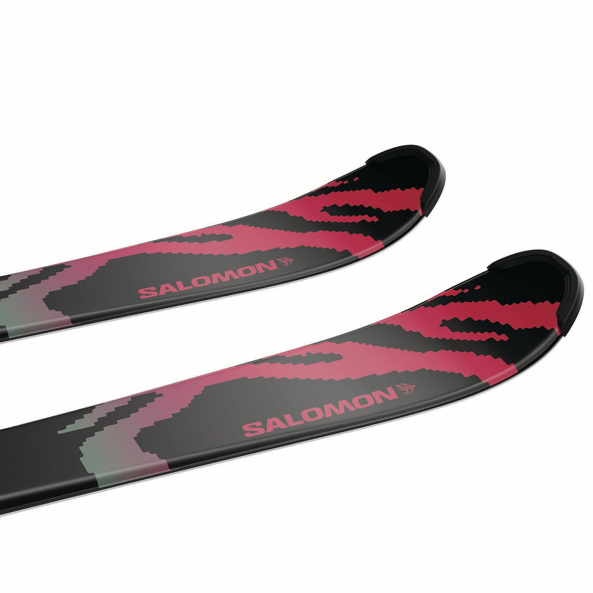 JR.LQSTBLACKML6GW-Two skis with pink and black pattern and Salomon branding on a white background