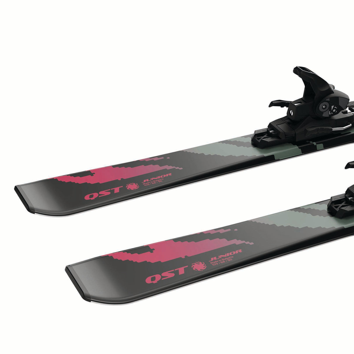 JR.LQSTBLACKML6GW-Pair of skis with a camouflage pattern and visible branding on a white background
