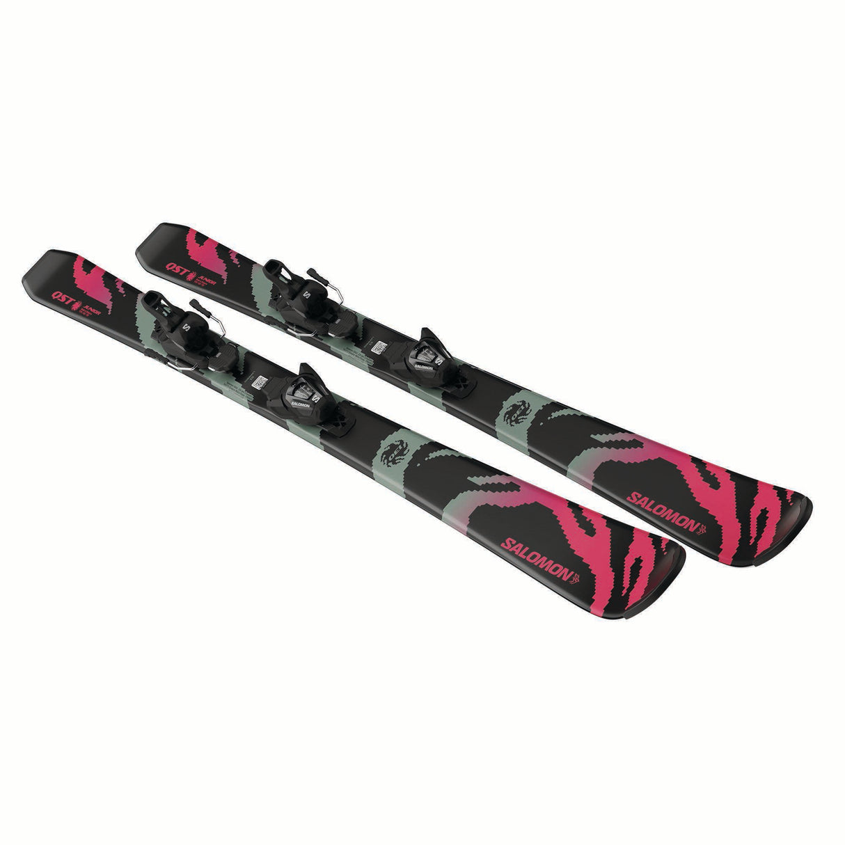 JR.LQSTBLACKML6GW-Ski with pink and green design on a white background