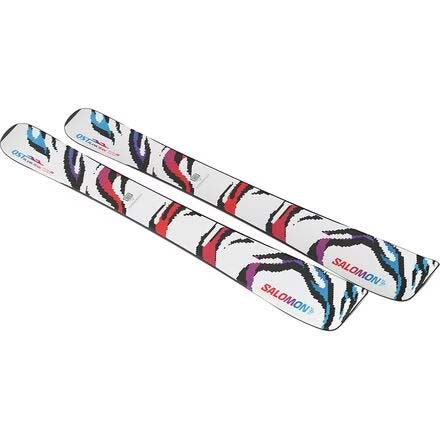 JR.QSTBLANKTEAM-A pair of Salomon skis shown vertically against a plain white background, featuring a white base with a colorful abstract pattern of black, red, purple, and blue.