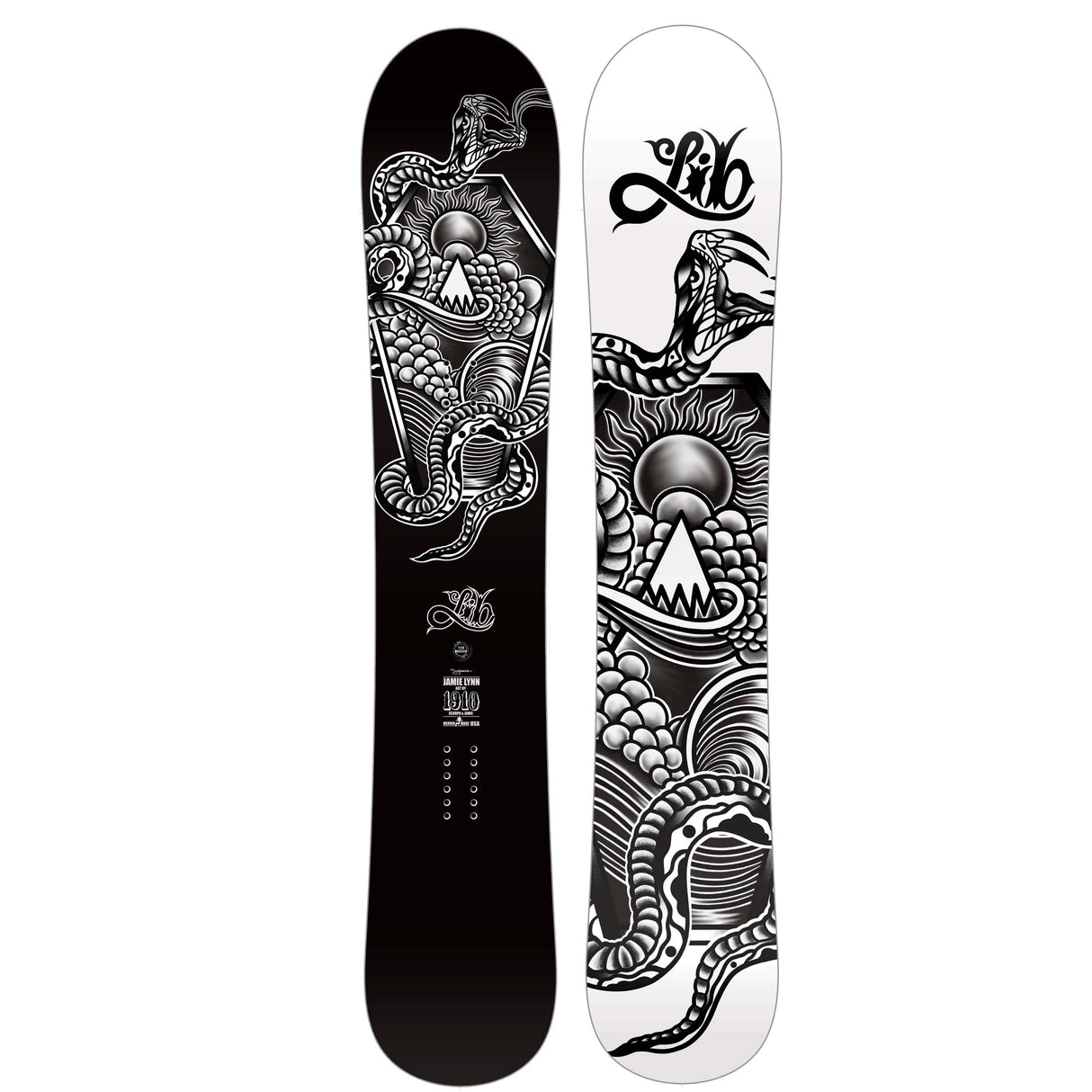JamieLynn- Two views of a snowboard with a snake design, featuring the Lib logo.