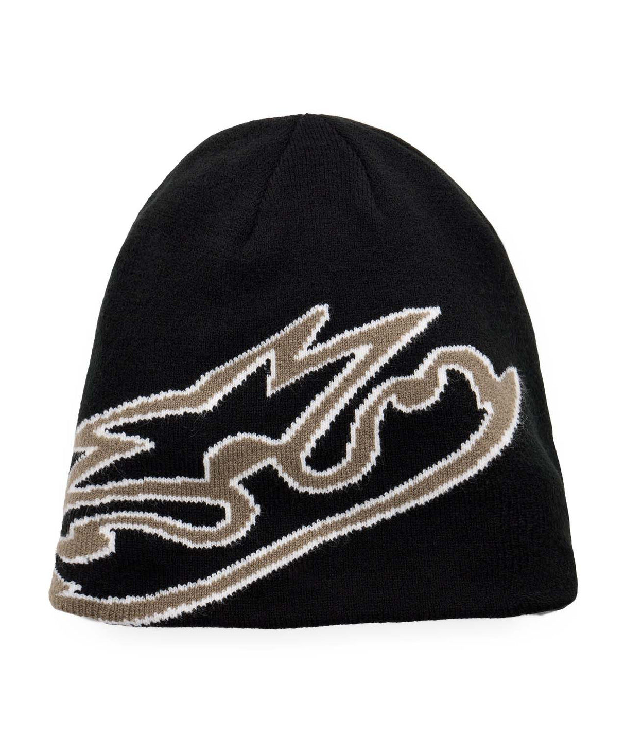 JibSkullyBeanie-Black beanie with a large logo on a white background