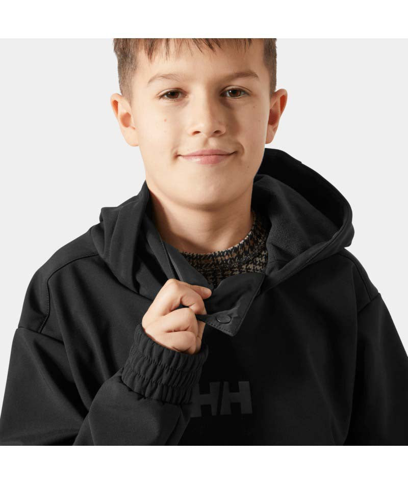 Jr.PowderSoftshellHoodie-Black jacket with a brand logo on a white background
