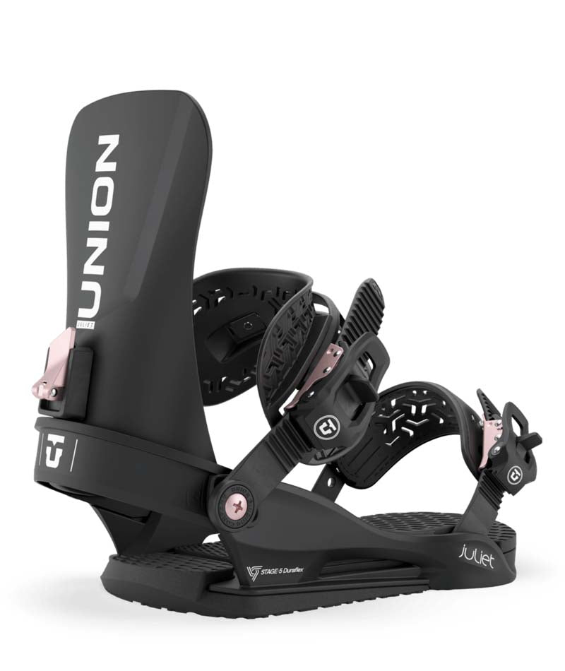 Juliet-Black snowboard binding with 'Union' branding on a white background