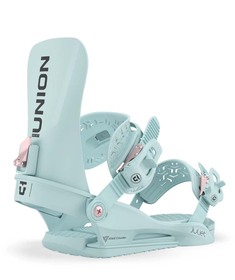 Juliet-Light blue snowboard binding with 'Union' branding on a white background