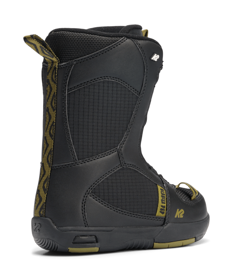 LilMiniSBBoot-A single K2 Lil Mini Youth Snowboard Boot for kids, featuring a black and gold color scheme with BOA lacing system.