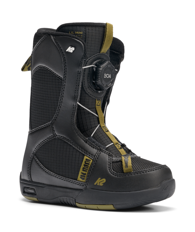 LilMiniSBBoot-A single K2 Lil Mini Youth Snowboard Boot for kids, featuring a black and gold color scheme with BOA lacing system.