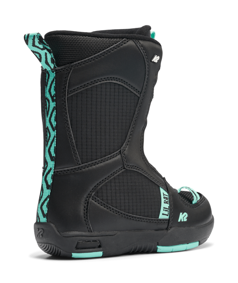 Lil Kat-A single K2 Lil Kat Youth Snowboard Boot for the 2027 model year, predominantly black in color with green accents, featuring a BOA dial, and designed for kids.