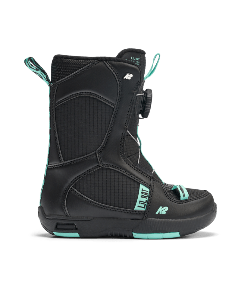 Lil Kat-A single K2 Lil Kat Youth Snowboard Boot for the 2027 model year, predominantly black in color with green accents, featuring a BOA dial, and designed for kids.