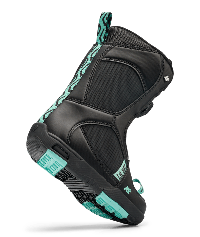 Lil Kat-A single K2 Lil Kat Youth Snowboard Boot for the 2027 model year, predominantly black in color with green accents, featuring a BOA dial, and designed for kids.
