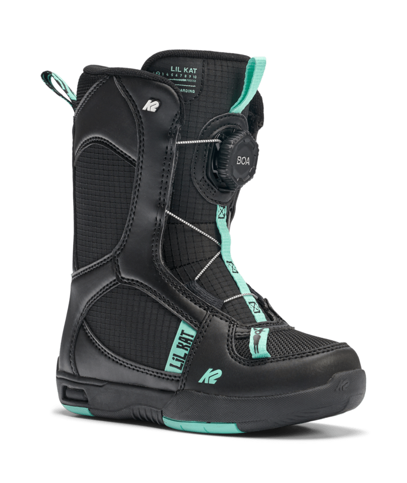 Lil Kat-A single K2 Lil Kat Youth Snowboard Boot for the 2027 model year, predominantly black in color with green accents, featuring a BOA dial, and designed for kids.
