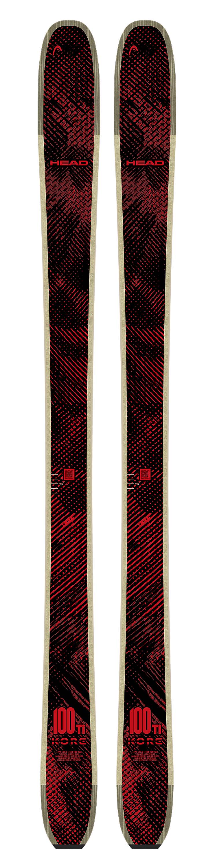 KORE100Ti- Pair of red and black skis on a white background