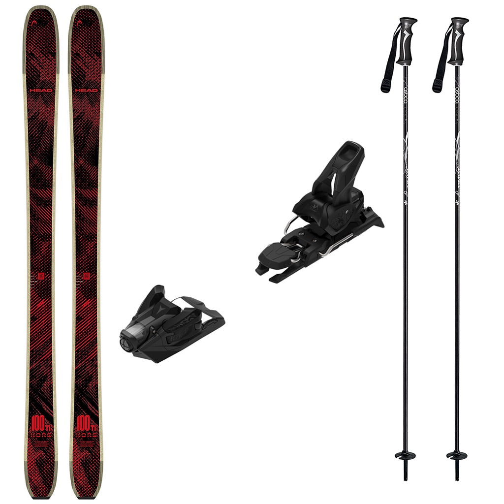 KORE100Tiw_Strive12-A ski equipment set on a plain white background, including a pair of skis with a red and black pattern, two black ski bindings, and two black ski poles with white graphics.
