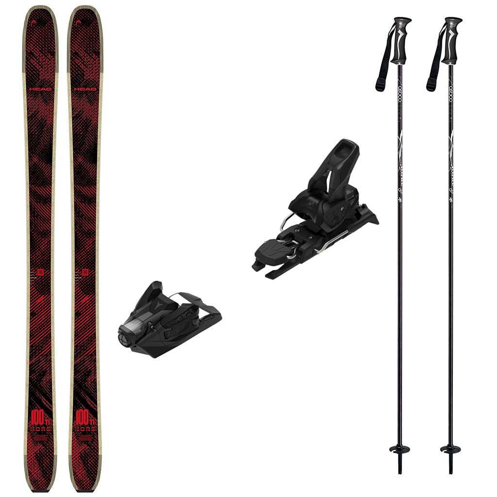 KORE100Tiw_Strive12-A ski equipment set on a plain white background, including a pair of skis with a red and black pattern, two black ski bindings, and two black ski poles with white graphics.