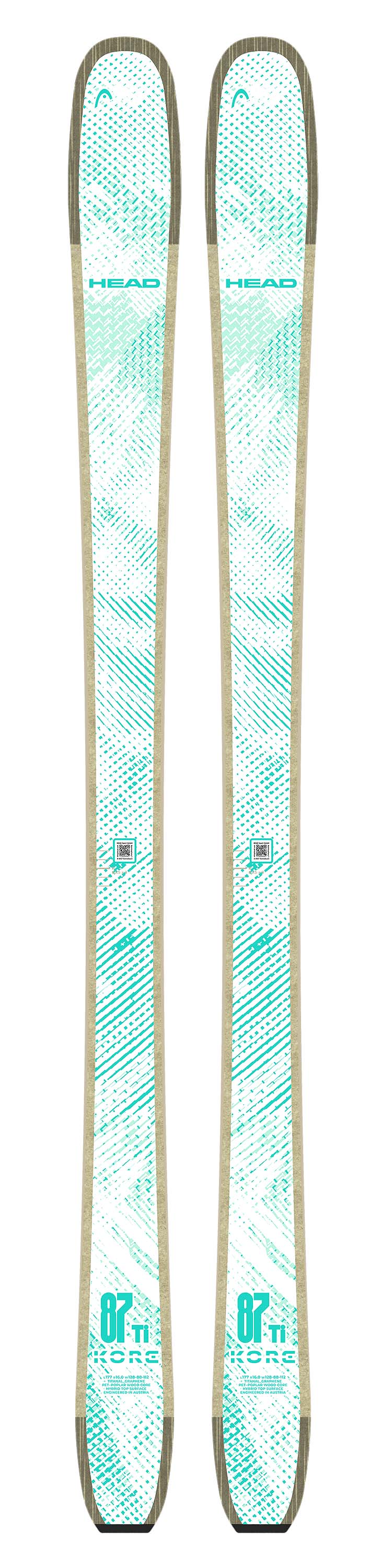 KORE87TiW- Pair of teal skis with a pattern on a white background