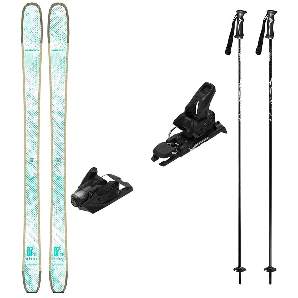 KORE87Tiw_Strive12-A ski equipment set on a plain white background, including a pair of skis with a light aqua and beige pattern, black ski bindings, and two black ski poles with white graphics.